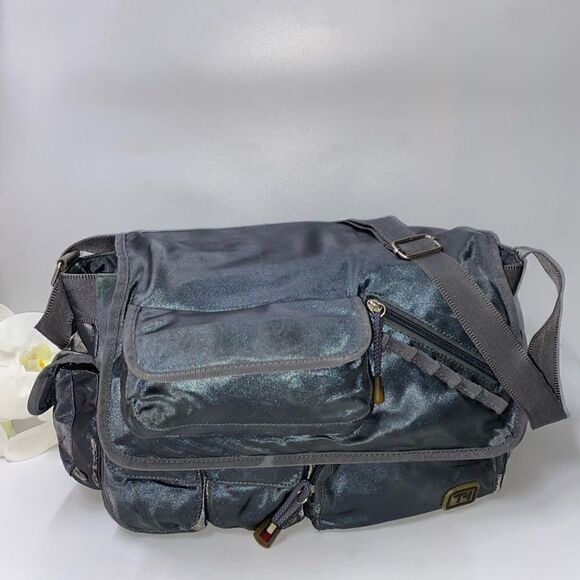 Tommy Hilfiger Satin Tote Crossbody Metallic Grey Large - Picture 1 of 10